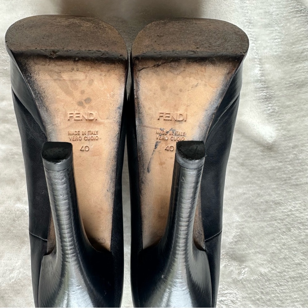 Fendi Fendista Black Leather Heels Platform Gold Logo Size 40 EU US 10 - Picture 11 of 12